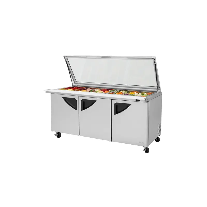 TST-72SD-30-N-GL Turbo Air 73" 3 Door Mega Top Sandwich/Salad Prep Table w/ Hinged Glass Lid