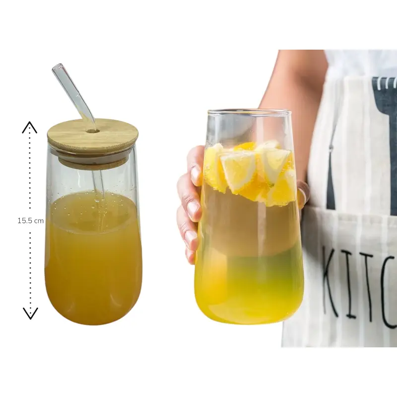 Long Smooth Clear Glass Drinking Cup with Bamboo Lid an