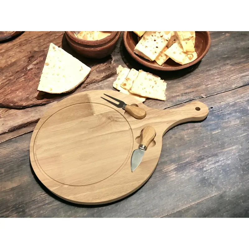 Wooden Round Cheese Board with Long Handle and 2 Knives