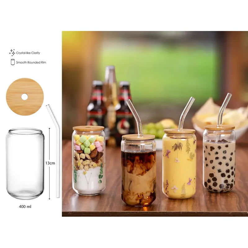 Round Smooth Clear Glass Drinking Cup with Bamboo Lid an