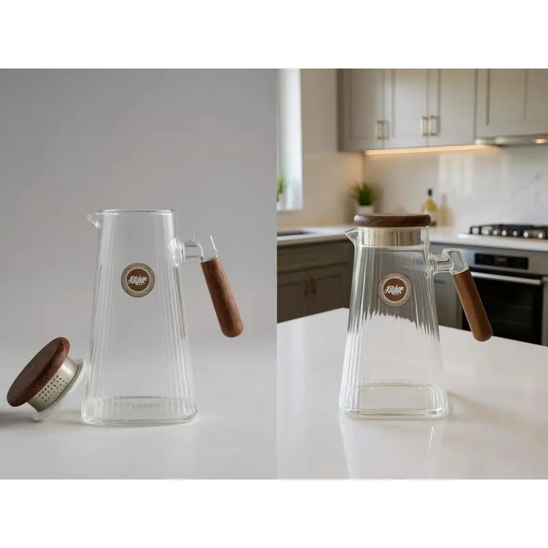High Quality 2L Glass Pitcher w Wood Handle and Cover