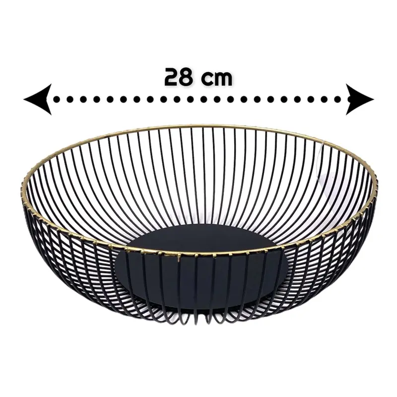 Wide Metal Fruit Basket Black Gold Rim